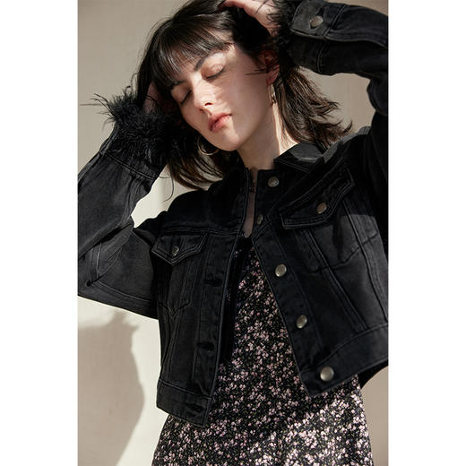 HeyDress鸵鸟毛牛仔外套女春季法式翻领宽松可拆卸短款气质上衣 商品图2