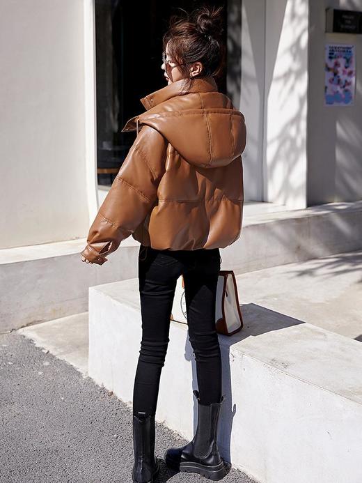 PU皮羽绒服女短款2023年新款时尚洋气连帽加厚小个子冬装搭配外套 商品图1