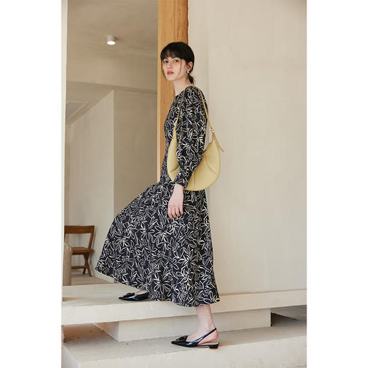 HeyDress黑白印花连衣裙女春季法式复古收腰艺术感长袖气质裙子 商品图0