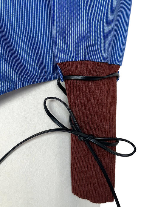 TYNVIE 袖口绑带配布长袖衬衫-蓝条纹 商品图11