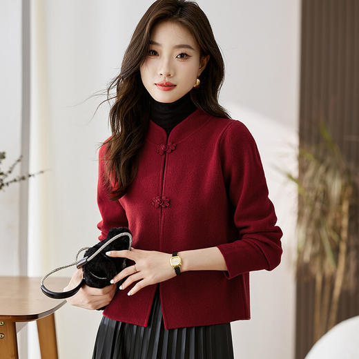 丁摩 100纯羊毛复古盘扣立领短款开衫外套91020 商品图0