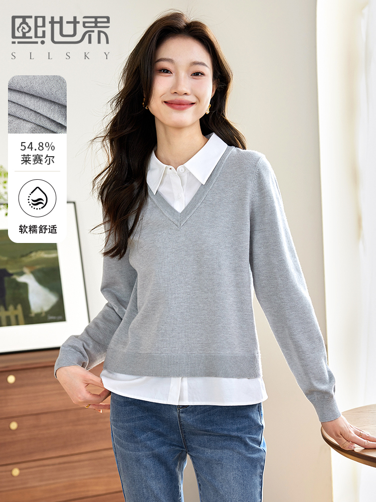 【专属特惠】熙世界学院风假两件衬衫领针织衫套头别致打底上衣2025早秋新款