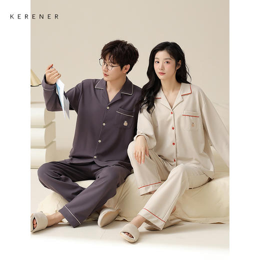 可人儿新款纯棉春秋季长袖情侣睡衣韩版开衫男女士全棉家居服套装 商品图2