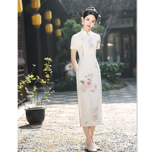 GX素雅时尚桑波缎长款短袖旗袍2024春夏新款年轻款旗袍连衣裙 商品图3