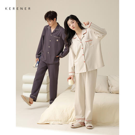 可人儿新款纯棉春秋季长袖情侣睡衣韩版开衫男女士全棉家居服套装 商品图0