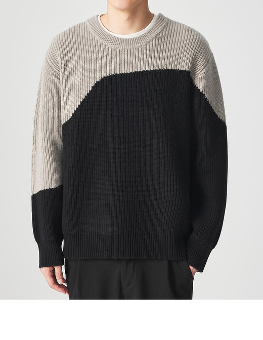 墨麦客男装 羊毛羊绒 圆领毛衣冬季新款休闲撞色拼接套头毛衫男潮 商品图0