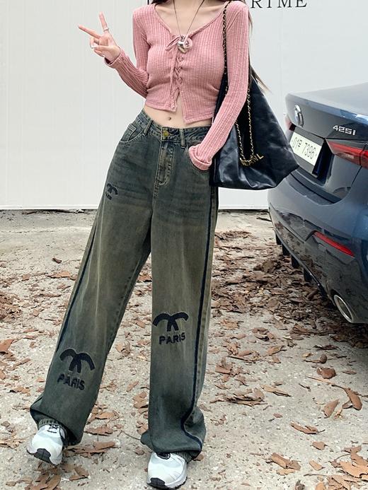 春秋季【新款宽松 字母刺绣复古牛仔裤女】牛仔长裤 高腰遮胯 直筒裤 商品图0