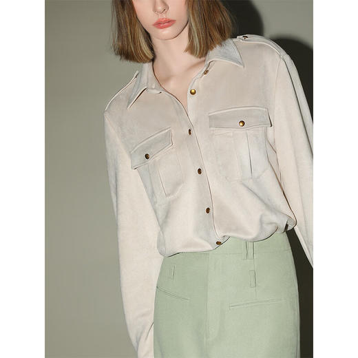 COCOBELLA质感金属扣工装风仿麂皮衬衫秋软糯休闲衬衣SR0012 商品图1