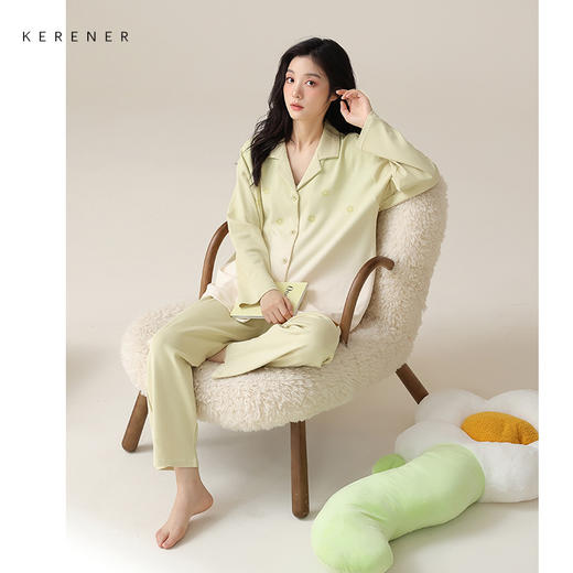 可人儿新款纯棉睡衣女士春秋季长袖时尚开衫开衫可外出家居服套装 商品图0