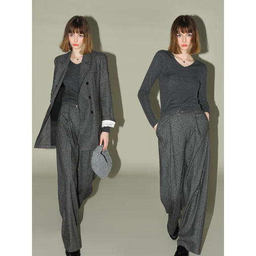 COCOBELLA设计感毛边捏褶千鸟格羊毛气质通勤直筒西裤PA3015 商品图3