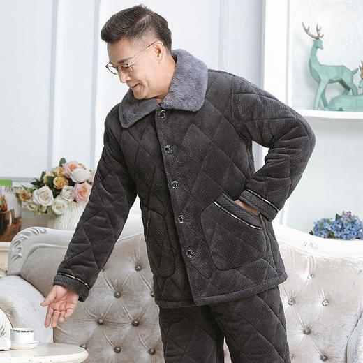 TZW-冬季中老年人男士睡衣珊瑚绒三层夹棉爸爸保暖套装加厚加绒家居服 商品图0