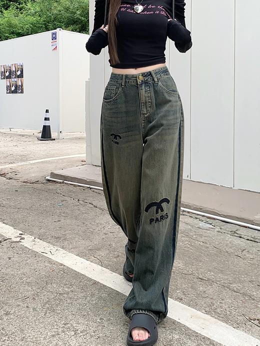 春秋季【新款宽松 字母刺绣复古牛仔裤女】牛仔长裤 高腰遮胯 直筒裤 商品图1