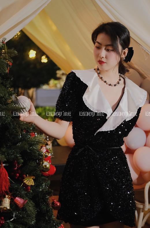 【门店同款】ENJOY冬季翻领亮片套袖礼裙 155417652 商品图2