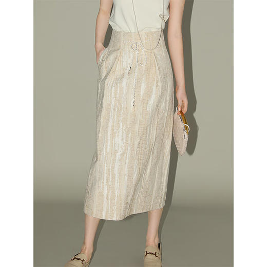 COCOBELLA肌理浮雕捏褶花苞裙气质国风棉麻直筒半身裙HS0017 商品图4