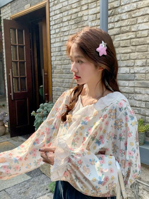 春秋季【花边拼接 木耳边碎花 长袖衬衫女】宽松立体 可爱小熊 甜美减龄花边上衣 商品图4