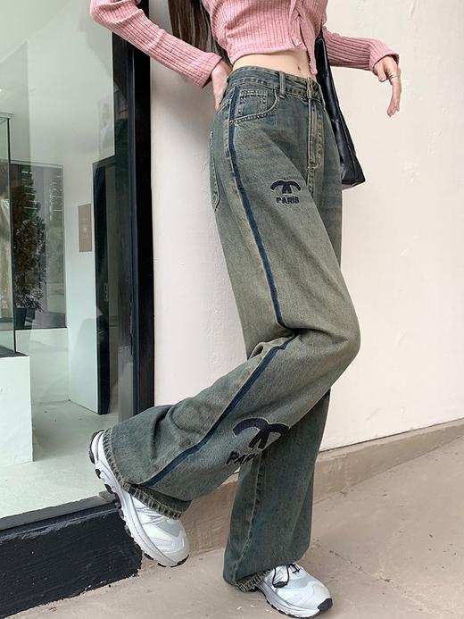 春秋季【新款宽松 字母刺绣复古牛仔裤女】牛仔长裤 高腰遮胯 直筒裤 商品图2