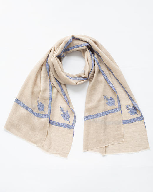 伽罗 JALO 70cm宽边绣克什米尔Pashmina自然色羊绒围巾 商品图3