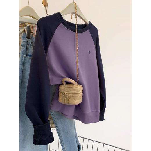 春秋新款【紫色拼接 撞色圆领套头卫衣女】小个子 休闲显瘦上衣 商品图1