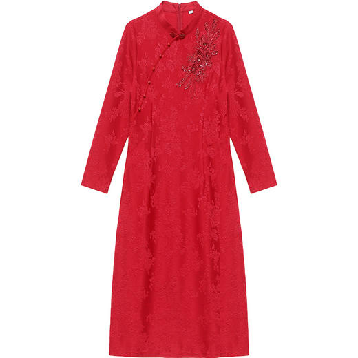 通勤优雅，春款中长款红色改良式旗袍裙立领长袖气质修身连衣裙QYM-XQD-X92100-L 商品图4