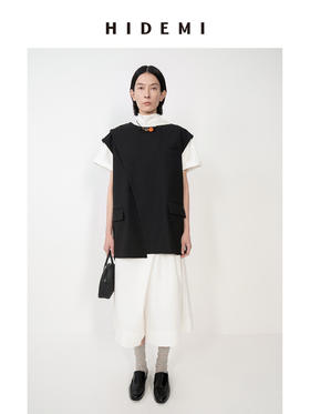 HIDEMI 黑色设计感廓形圆领不对称肩扣西装马甲