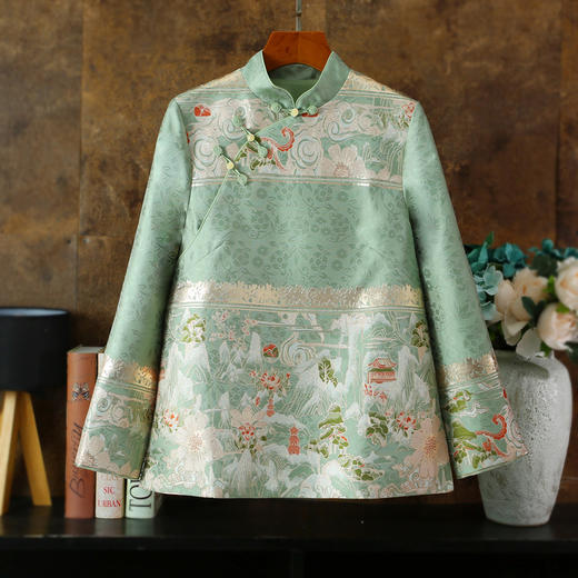 新春款改良旗袍上衣，复古立领锦绣千山提花盘扣修身女装短外套ZSM-240125 商品图0