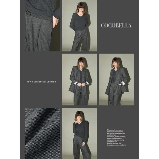 COCOBELLA设计感毛边捏褶千鸟格羊毛气质通勤直筒西裤PA3015 商品图2