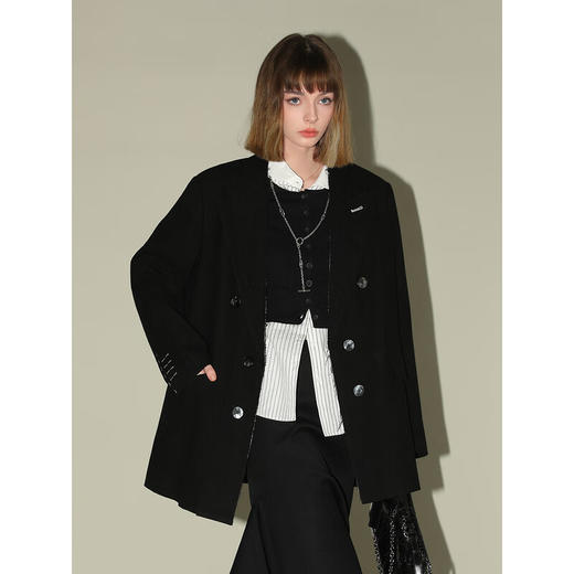 COCOBELLA知识分子风手工贡针毛呢西装女宽肩毛边西服SI3009B 商品图1