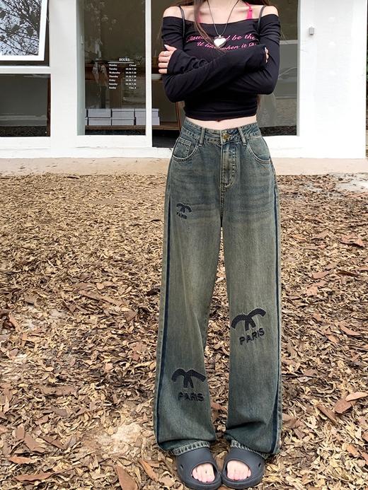 春秋季【新款宽松 字母刺绣复古牛仔裤女】牛仔长裤 高腰遮胯 直筒裤 商品图3