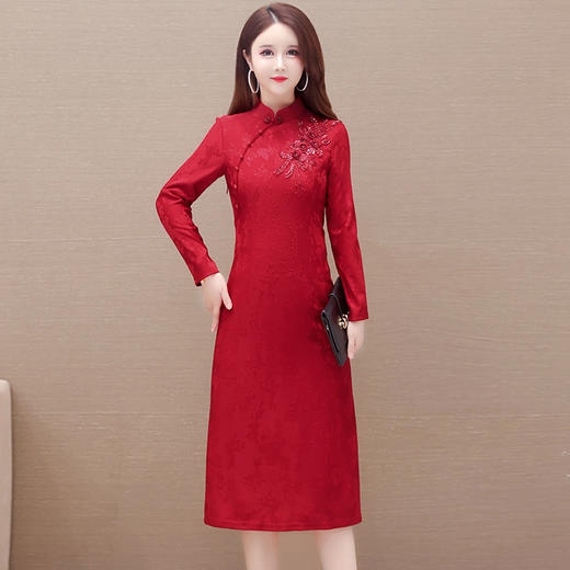 通勤优雅，春款中长款红色改良式旗袍裙立领长袖气质修身连衣裙QYM-XQD-X92100-L 商品图0
