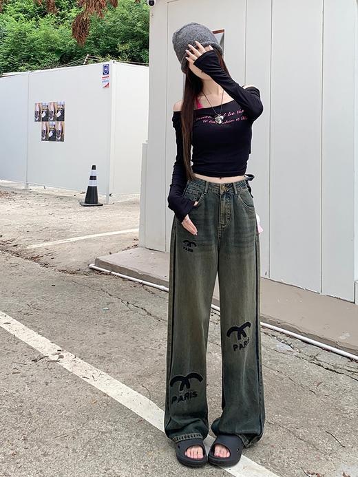 春秋季【新款宽松 字母刺绣复古牛仔裤女】牛仔长裤 高腰遮胯 直筒裤 商品图4