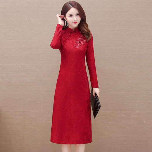 通勤优雅，春款中长款红色改良式旗袍裙立领长袖气质修身连衣裙QYM-XQD-X92100-L 商品图1