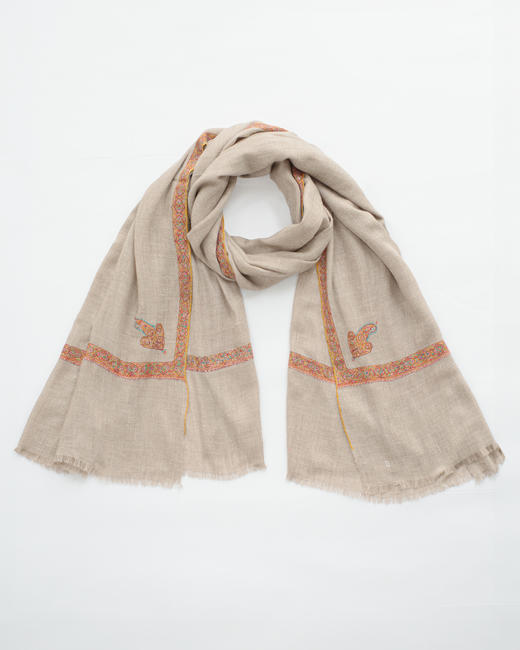 伽罗 JALO 100cm宽边绣克什米尔Pashmina自然色羊绒围巾 商品图0