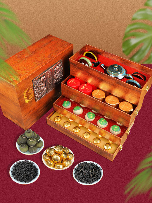优选丨龙鹏盛世四层六大茗茶礼盒装 木质礼盒+六大茗茶配套茶具 商品图9