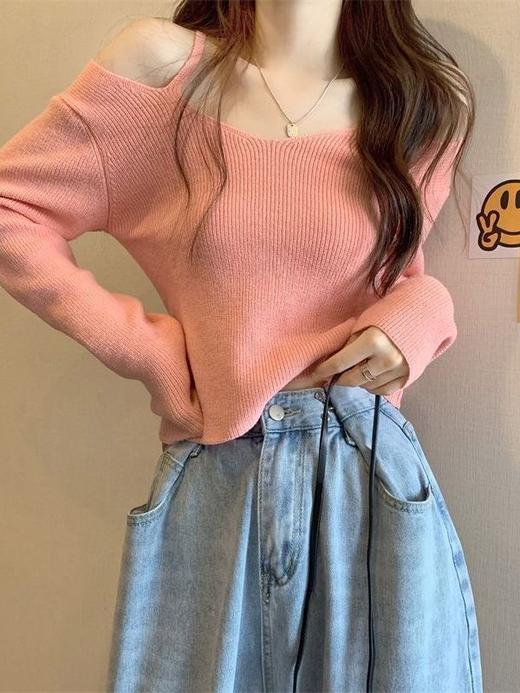 春秋季新款【长袖针织衫女 V领露肩打底衫】修身显瘦 纯色短款 软糯上衣女 商品图2