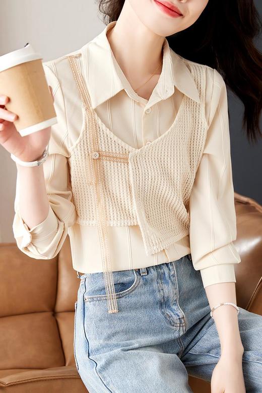 2025春装【新款假两件 拼接长袖衬衫女】春季女士衬衣 显瘦洋气 减龄上衣 商品图1