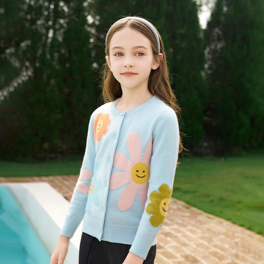 mettekids女童羊绒开衫秋冬新款花朵款毛衣儿童浅蓝休闲针织开衫 商品图2