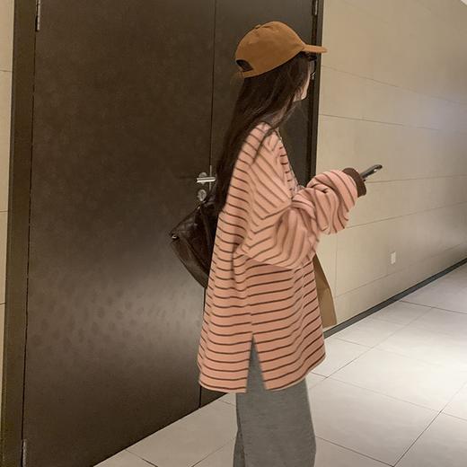 春秋季【休闲风套头 圆领长袖卫衣女款】韩版撞色条纹 宽松女装上衣 商品图3