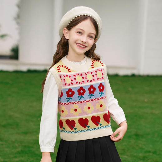mettekids女童羊绒背心秋冬彩色条纹针织打底衫儿童加厚无袖毛衣 商品图1