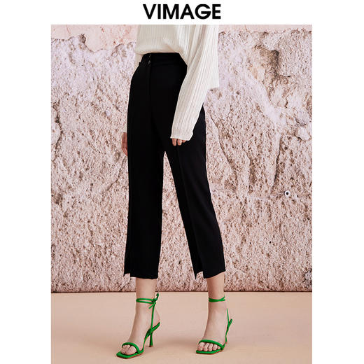 VIMAGE纬漫纪春季新款高腰纯色显瘦开叉裤子V2105732 商品图2