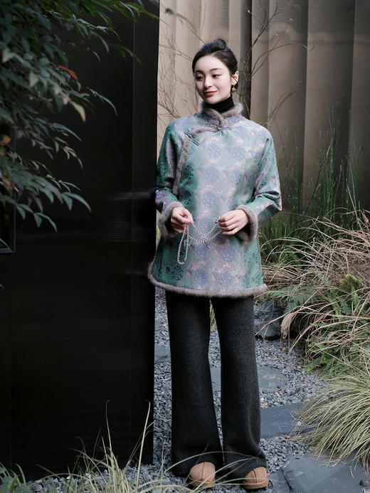 盛唐牡丹|万寿无疆宋锦水貂毛棉服 商品图3