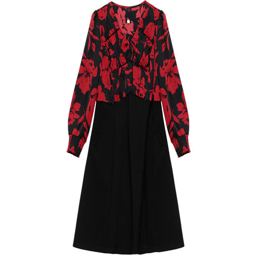 春季新款，长袖假两件中长款高腰A字裙时尚拼结连衣裙QYM-XY-23DB73-Y 商品图4