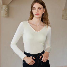 官网799！断码 内家羊毛醋酸保暖带胸垫二合一长袖打底衫女 纳米珍珠美肤V领上衣