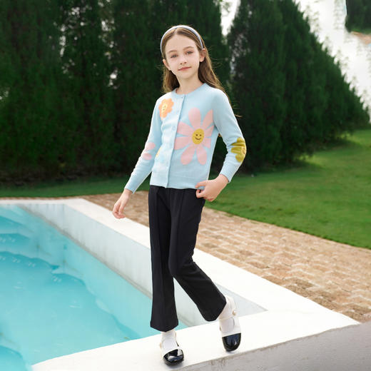 mettekids女童羊绒开衫秋冬新款花朵款毛衣儿童浅蓝休闲针织开衫 商品图3