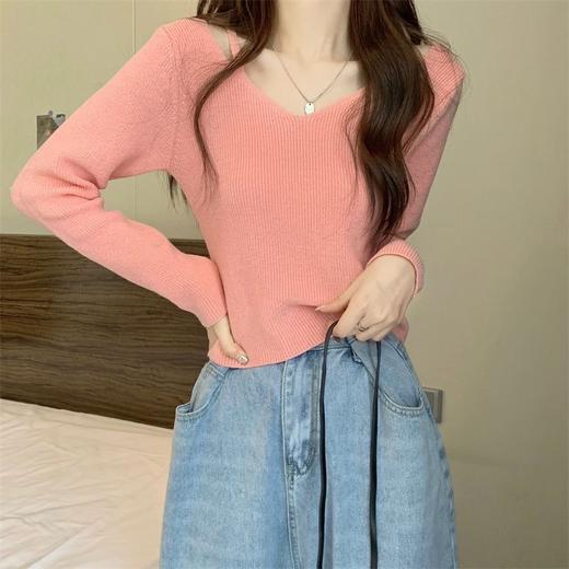 春秋季新款【长袖针织衫女 V领露肩打底衫】修身显瘦 纯色短款 软糯上衣女 商品图8