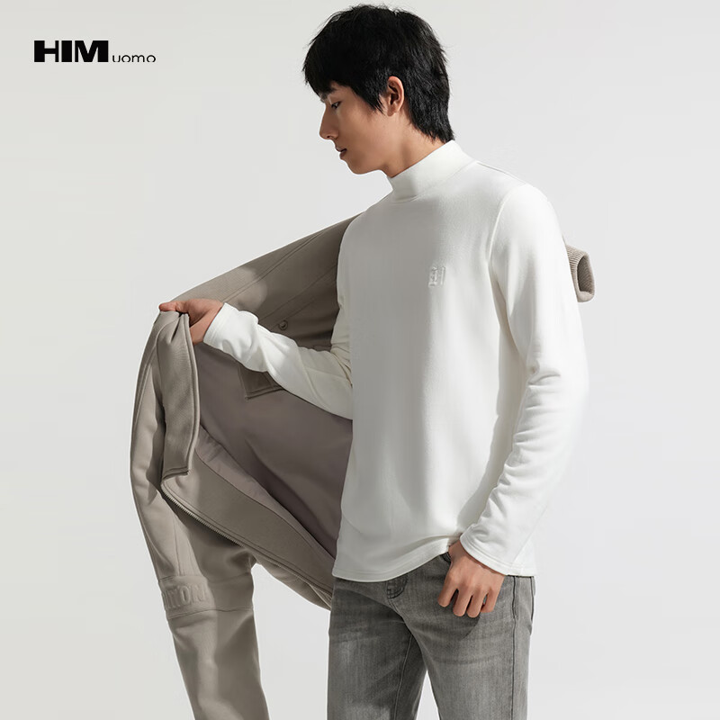 HIM漢崇  保暖双面抓毛休闲T恤半高领修身亲肤保暖打底衫 2025冬季