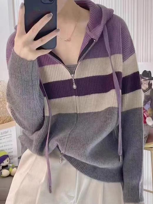 2025春季【新款拼色条纹 双拉链连帽针织开衫女】宽松显瘦 毛衣上衣外套 商品图1