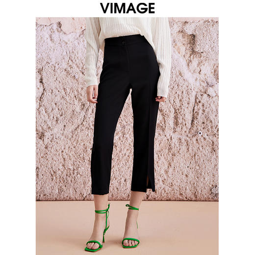 VIMAGE纬漫纪春季新款高腰纯色显瘦开叉裤子V2105732 商品图0
