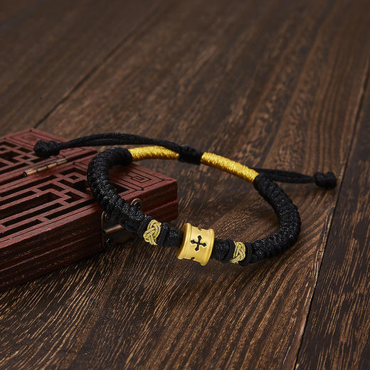 【限时7.5折】【定价黄金】足金 3D硬金黑烤漆十字转运珠黑绳调节成品手串(AA3DSC00091)（预售产品下单后不退款不退货不换货不补差 商品图1