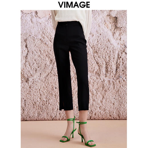 VIMAGE纬漫纪春季新款高腰纯色显瘦开叉裤子V2105732 商品图3