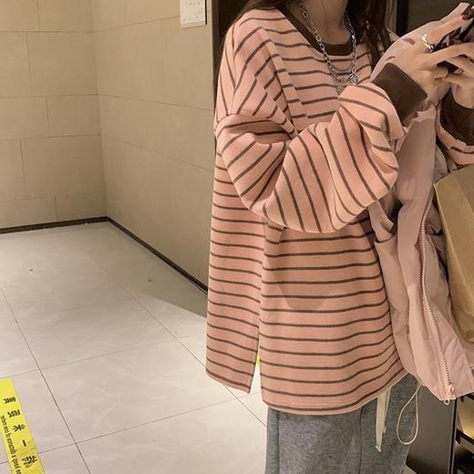 春秋季【休闲风套头 圆领长袖卫衣女款】韩版撞色条纹 宽松女装上衣 商品图1